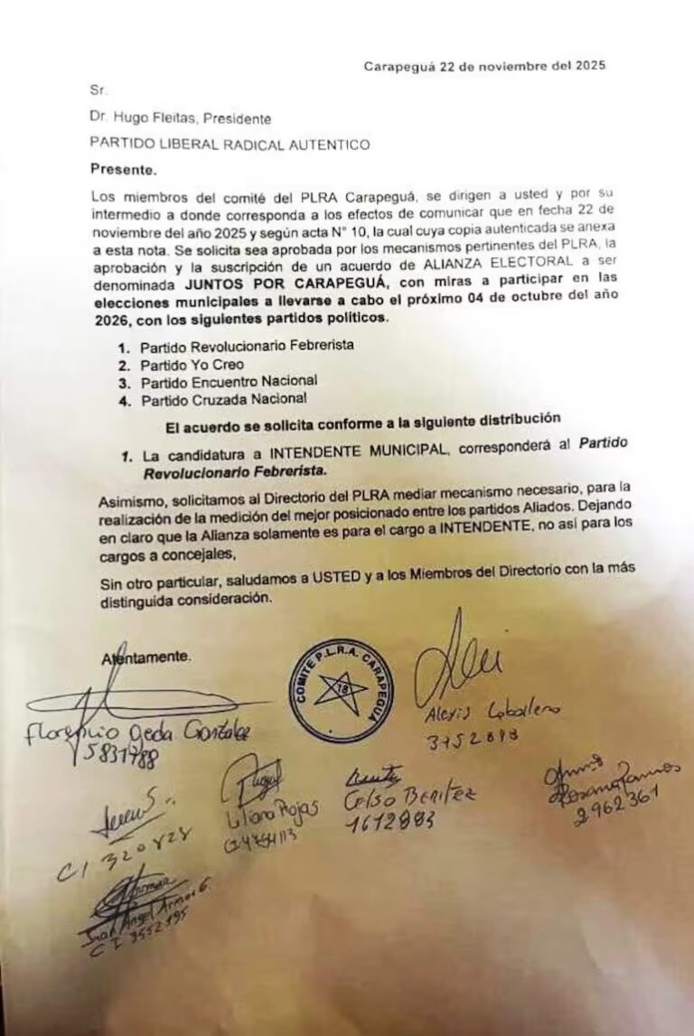 Controversia en el PLRA de Carapeguá tras anuncio de alianza opositora